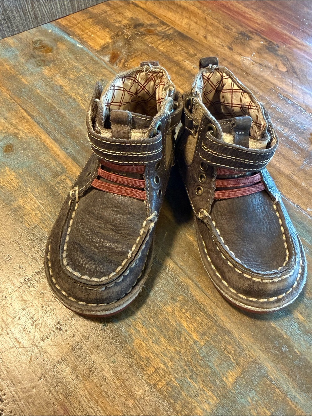 Stride Rite Brown Leather Moc-Style Kids Boots with Red Accent